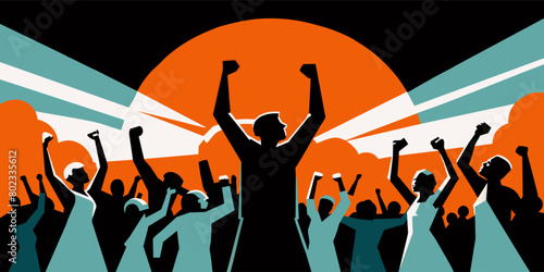 Illustrative depiction of an energetic crowd protesting passionately, silhouetted against a striking sunset, symbolizing hope and change amidst social or political activism