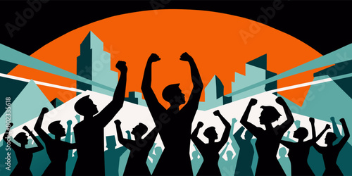 Illustrated image of a diverse crowd of silhouetted figures raising their fists in protest against an urban backdrop with a vivid orange sunset