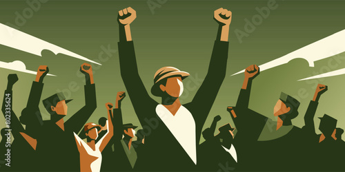 Illustration of a diverse group of people gathered together in protest, raising their fists in solidarity under a banner of unity, symbolizing a collective strive for social justice and reforms
