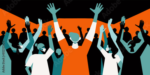 Stylized illustration of a diverse group of people engaged in a protest, with raised hands symbolizing unity and the pursuit of a common goal in a rallying crowd