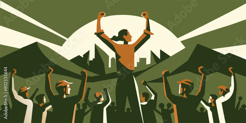 Illustration showcasing a large crowd of people united in protest with raised fists against a twilight backdrop, symbolizing solidarity, strength and the fight for shared causes