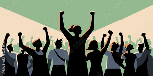 Impactful image illustrating a diverse group of protesters in silhouette. With one figure raising their fists passionately against a geometric background