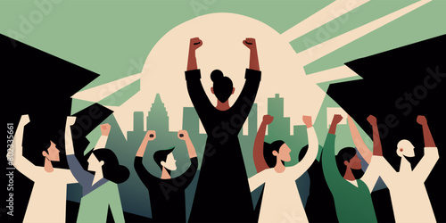 Empowering together: united voices of protest in the city for justice, equality, and social change - illustration of diverse crowd in urban skyline rallying for civil rights and solidarity
