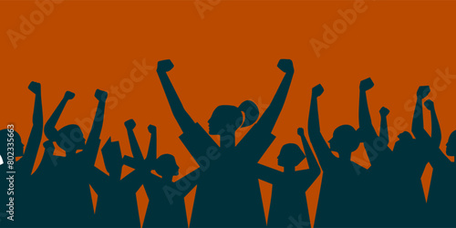 Powerful image showcasing a crowd of protesters silhouetted against an orange background, their fists raised high as a symbol of unity and resistance during a peaceful demonstration