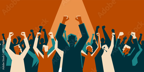 Illustration of a diverse and colorful crowd of people raising their fists and holding placards in a united voice of protest for social justice, empowerment, and civil disobedience