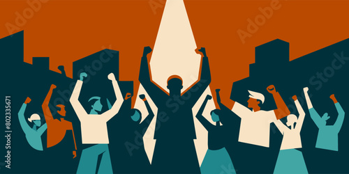 Unified voices and raised fists in protest against social issues. Advocating for justice and human rights. Standing together in solidarity in a diverse and determined public demonstration in the city