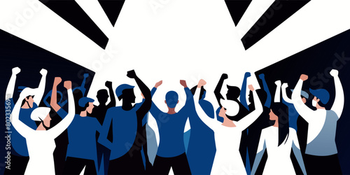 Vector illustration of a diverse group of people united at a protest, raising their fists in solidarity under a striking, star-shaped light, symbolizing power and unity
