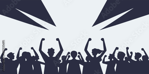 Powerful silhouette image captures a crowd of people with raised fists demonstrating solidarity and protest against a backdrop of bold, converging spotlights suggesting urgency and attention