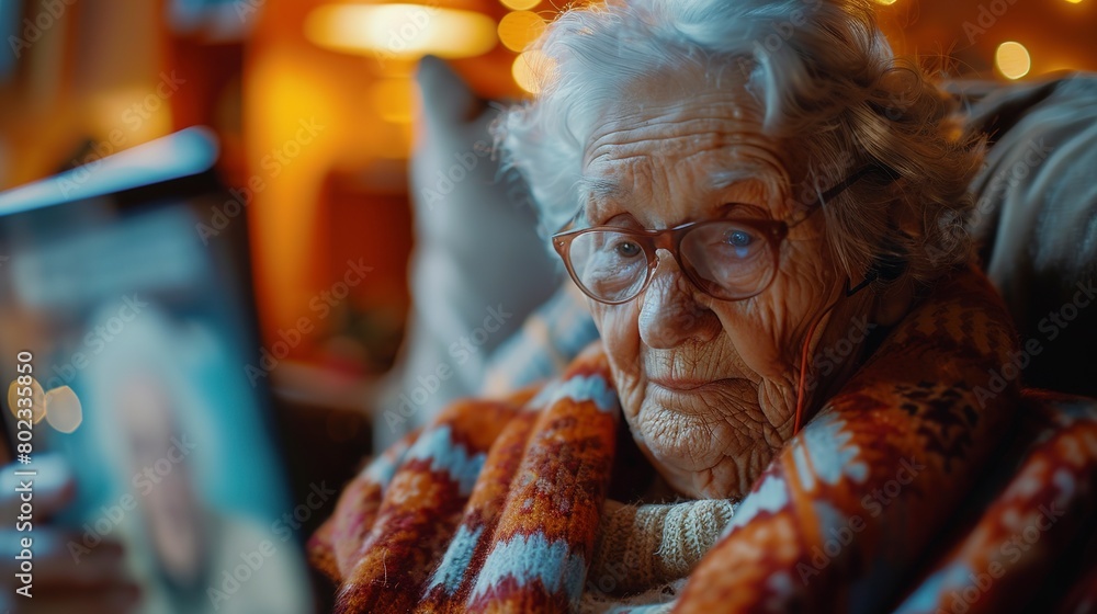 Elderly using video chat for medical consultation, generation bridge, close up, adaptive light 