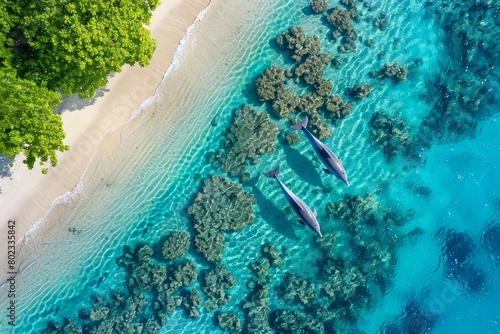 Aerial shot of a pristine beach with crystal-clear turquoise waters, dotted with colorful coral reefs and playful dolphins leaping out of the water