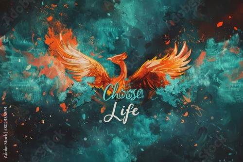 An abstract concept of a phoenix rising from ashes, representing rebirth and the victory over addiction, with the slogan "Choose Life" --ar 3:2 Job ID: 1bc68fca-6726-40ca-9ba4-ead0a53f01a0