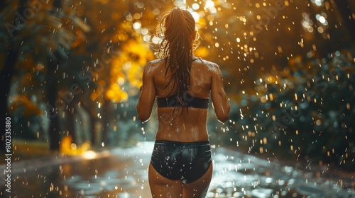 Determined female fitness athlete training in pouring rain.