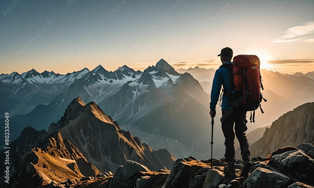 wallpaper representing the silhouette of a person with a backpack and hiking poles, on a mountain trail wallpaper representing the silhouette of a person with a backpack and hiking poles, on a mountain trail