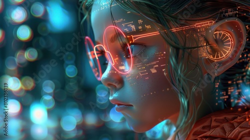 Cyberpunk futuristic little girl in digital vision modern glasses technology AI generated image photo