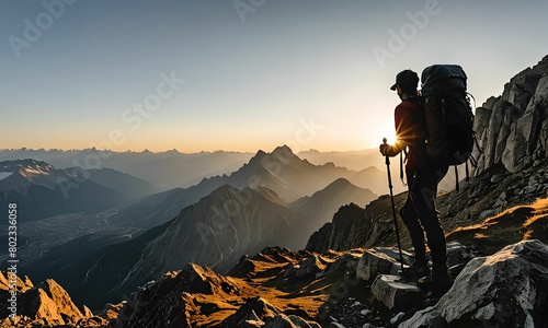wallpaper representing the silhouette of a person with a backpack and hiking poles, on a mountain trail
