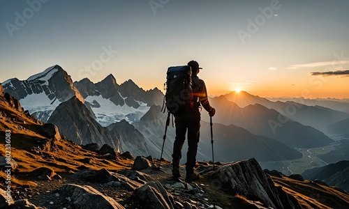 wallpaper representing the silhouette of a person with a backpack and hiking poles, on a mountain trail