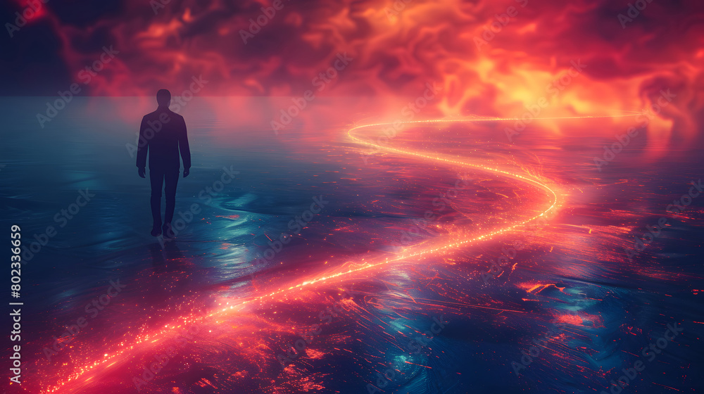 A lone figure walks toward a radiant, glowing path on a surreal water surface under a dramatic fiery red sky