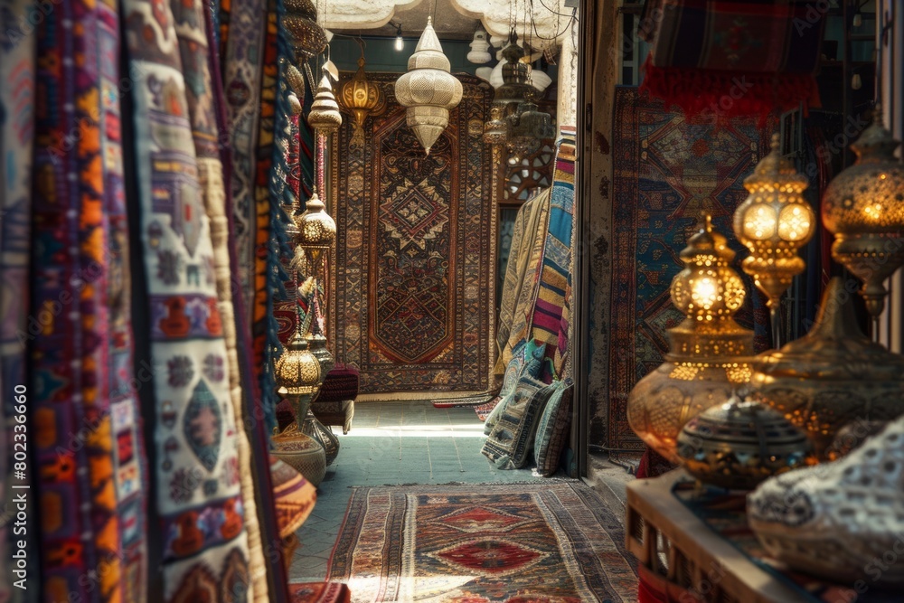 Fototapeta premium Focus on the cultural aspects, such as beautifully decorated lamps, intricate patterns on prayer rugs, and festive bazaars. --ar 3:2 Job ID: 5534ecfa-c983-4f1f-9243-a115b57ec540