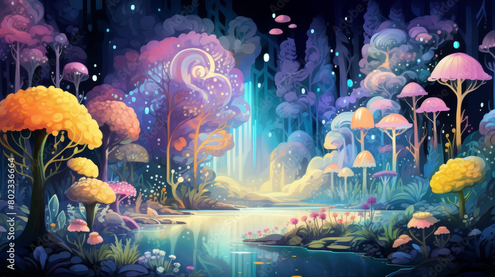 A colorful fantasy scene with a river and trees. Scene is whimsical and imaginative
