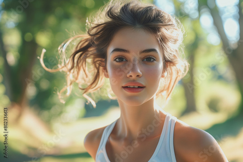 Young girl running in the park. Teenage woman exercising. Concept of physical activity and well-being.