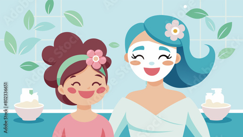 A giggling mother and daughter trying out different face masks in the spas skincare section..