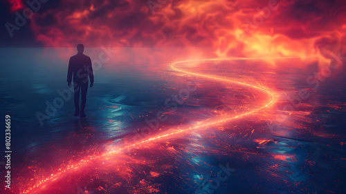 A lone figure walks toward a radiant, glowing path on a surreal water surface under a dramatic fiery red sky