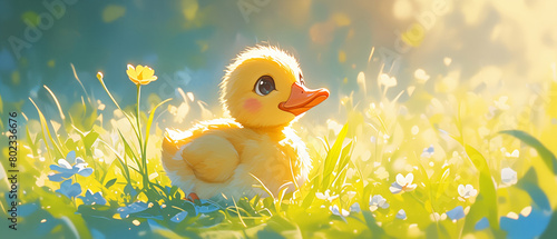 A duckling waddling through the grass in the warm morning photo