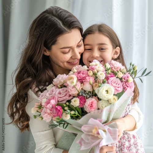 A young daughter giving flowers and a hug to her mother