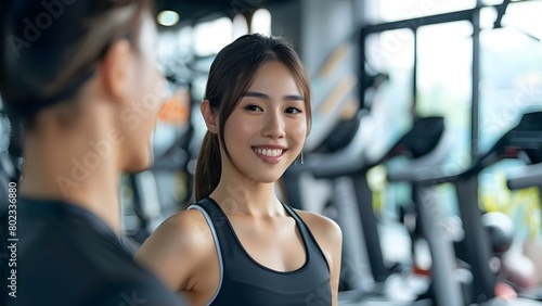 Young Asian woman exercising with personal trainer in a gym Healthy lifestyle . Concept Fitness, Personal Training, Healthy Lifestyle, Gym Workouts, Asian Woman