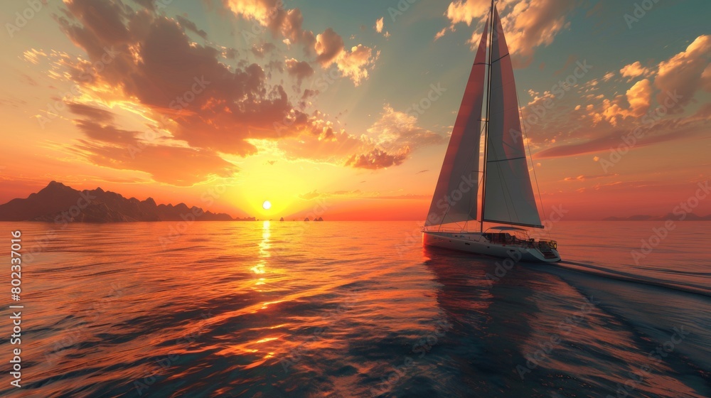 Sailing ship in sea water at sunset.