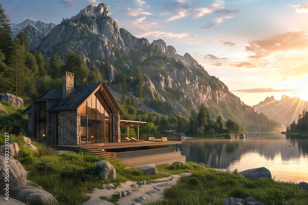 Fototapeta premium a house near a lake in the mountains