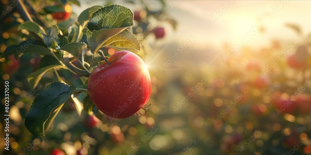 a red apple on an apple tree in a beautiful dew