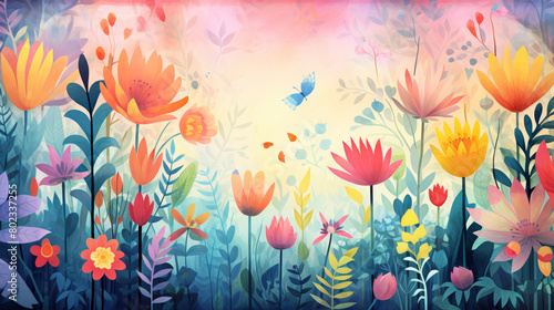 A colorful painting of a field of flowers with a butterfly flying through it. The mood of the painting is peaceful and serene  with the bright colors of the flowers