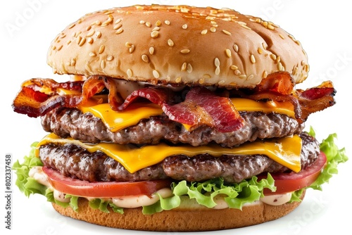 A juicy hamburger with double meat, cheese and bacon on a white background