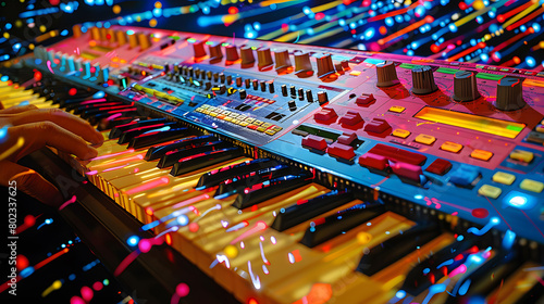 Close-up of a musician's hands playing on a brightly colored synthesizer keyboard, surrounded by vibrant lights and controls