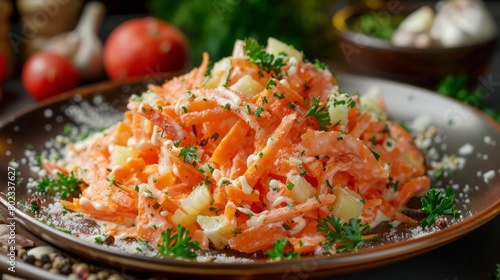 Dishes of Belarusian cuisine. Carrot salad with garlic and sausage and mayonnaise.