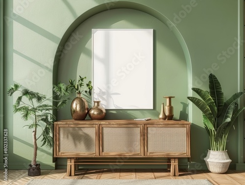 A simple white poster frame mockup in an arched green wall above the wooden sideboard