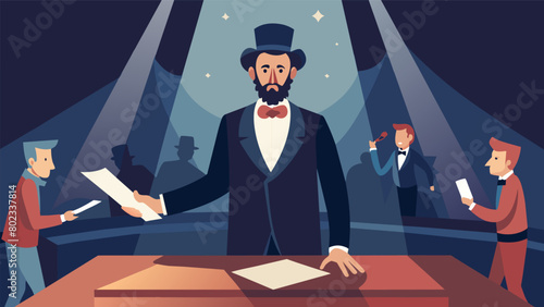 A dramatic reenactment of the Emancipation Proclamation with a somber President Lincoln standing center stage as he signs the document.. Vector illustration