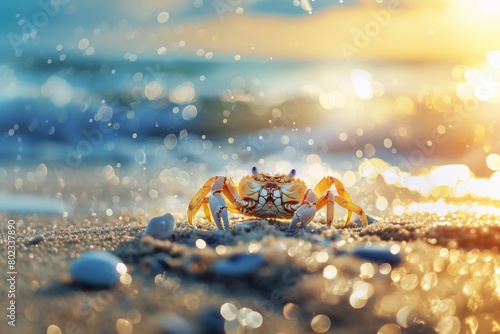 Beautiful lovely crab in the sand with morning dew