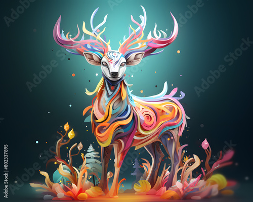 cartoonish 3d illustration visualize mythical animal. colorful deer on vibrant grass elements on the ground.