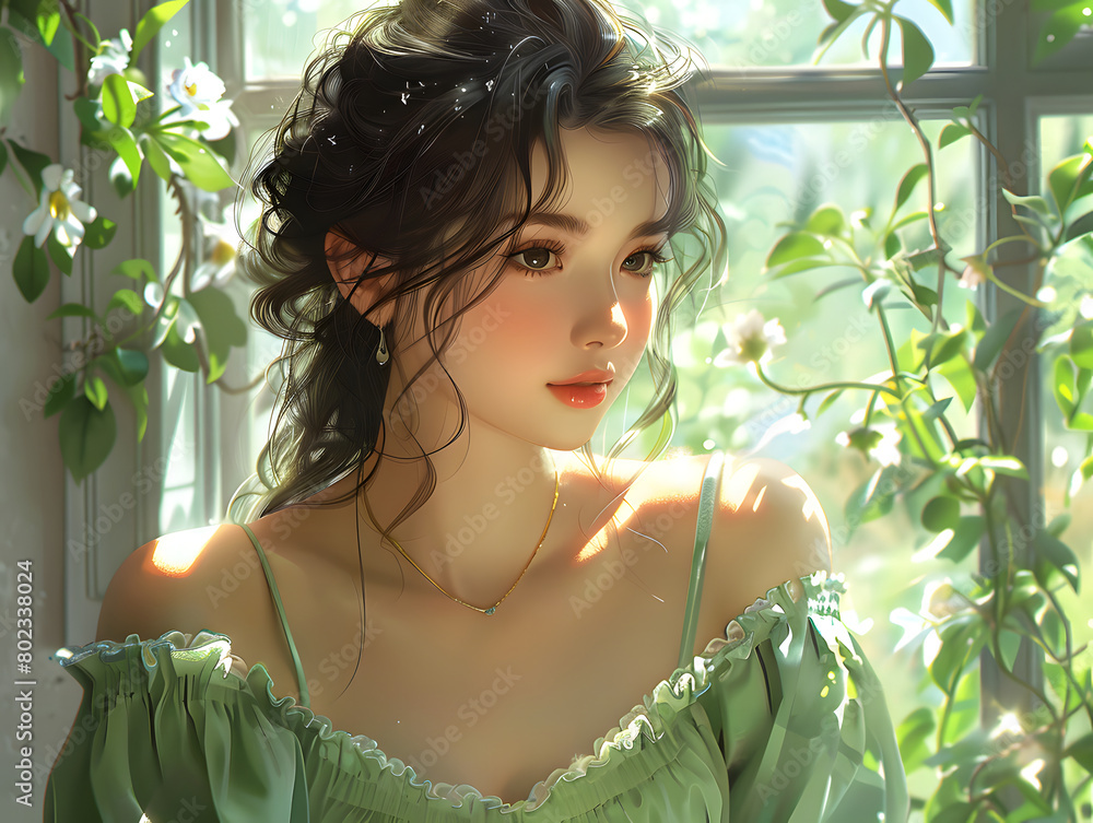 a beautiful woman with brown hair and brown eyes, wearing a green dress. She is surrounded by flowers and is near a window. 