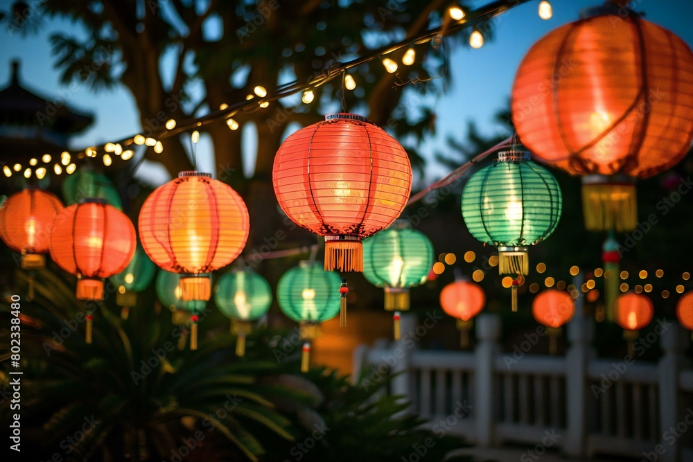 Colorful paper lanterns in the garden at Chiang Mai, Thailand