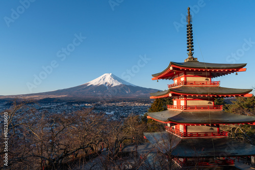 Sunrise photo of Chureito Pagoda with Mt. Fuji in the background, in Lake Kawaguchico, Japan. Clear blue sky, snow on Mt. Fuji. Golden morning light.