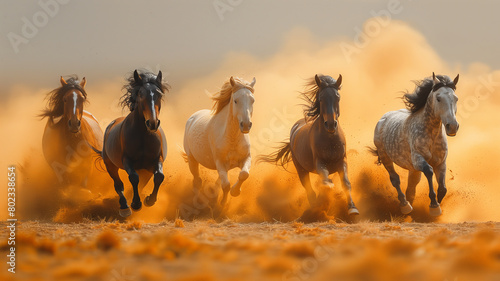 A majestic herd of horses galloping through the desert . encapsulates the spirit of freedom and power.
