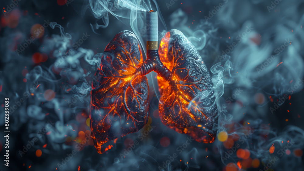 a cigarette looms over a pair of lungs, its smoke swirling ominously and leaving behind a trail of destruction. This haunting portrayal highlights the harmful effects of smoking on respiratory health a cigarette looms over a pair of lungs, its smoke swirling ominously and leaving behind a trail of destruction. This haunting portrayal highlights the harmful effects of smoking on respiratory health