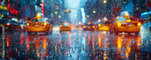 Rain-soaked street with colorful city lights reflection