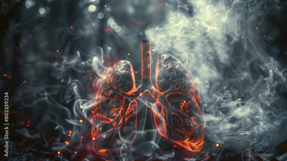 a cigarette looms over a pair of lungs, its smoke swirling ominously and leaving behind a trail of destruction. This haunting portrayal highlights the harmful effects of smoking on respiratory health a cigarette looms over a pair of lungs, its smoke swirling ominously and leaving behind a trail of destruction. This haunting portrayal highlights the harmful effects of smoking on respiratory health