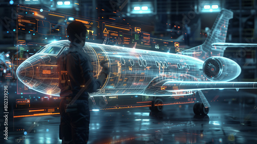 Engineer visualizes holographic airplane design amidst floating blueprints and digital screens, showcasing futuristic high-tech innovation.