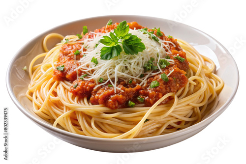 Isolated Plate of Spaghetti: A plate of spaghetti isolated on a transparent background, topped with savory sauce and grated cheese, ideal for Italian restaurant menus and pasta dish illustrations. 