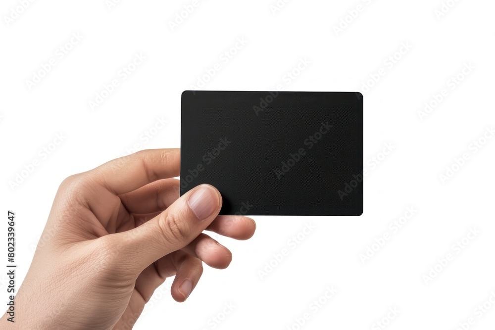 Hand displaying a blank business card with a clean white background Hand displaying a blank business card with a clean white background